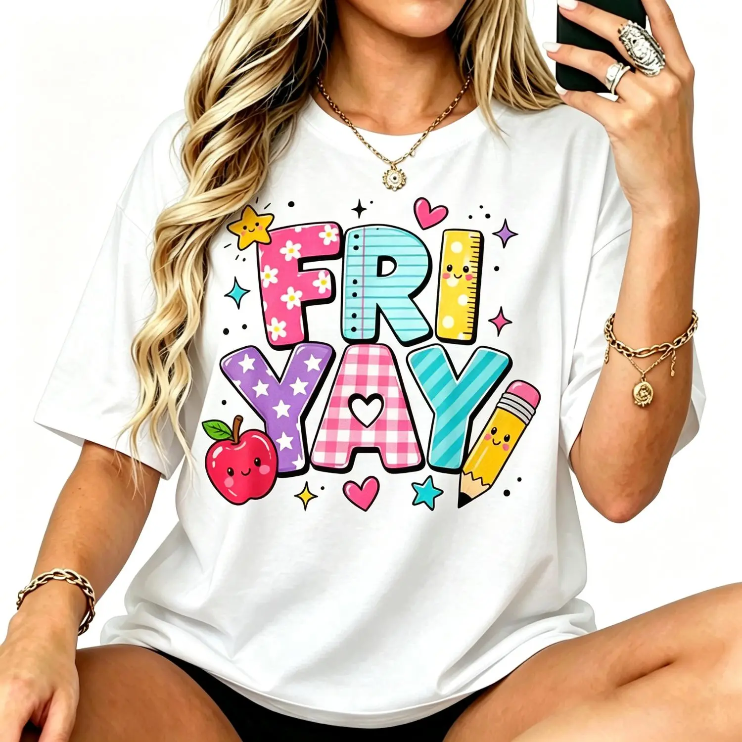 Women Fri-Yay Teacher T-Shirt Back to School Friday Weekend Tee Short Sleeve for Casual