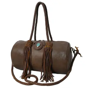 Western Barrel Duffel Bag in Brown Leather with Turquoise Concho & Fringe - Handmade Travel Tote