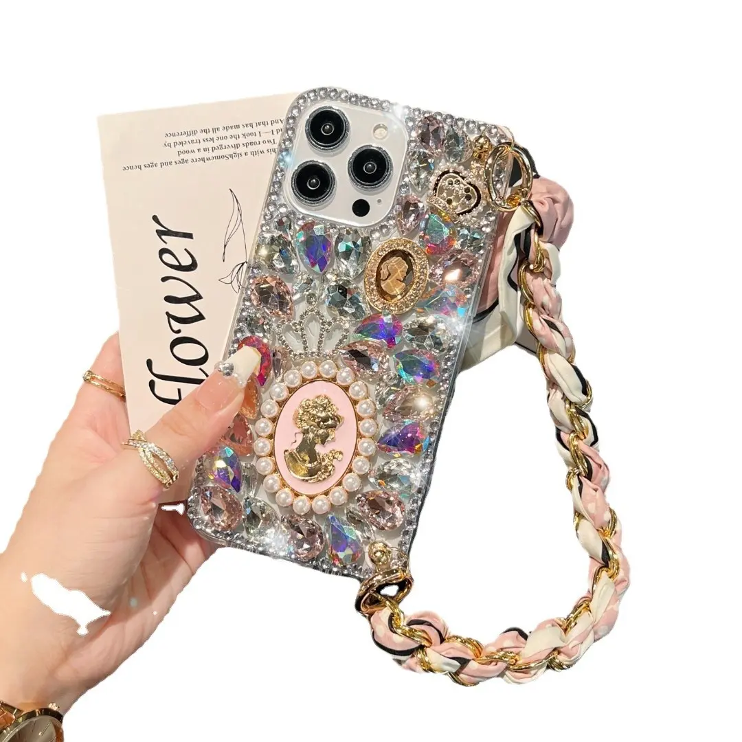 Luxury Full Rhinestone TPU Smartphone Cellphone Case for iPhone 15 Pro-16-17, Full Cover Protection Accessory with Silk Scarf Wristband Strap