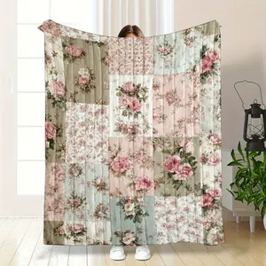 Soft Retro Floral Rug |   Flannel throw blanket, featuring pink, blue and beige flower patterns, suitable for sofas, beds, cars, offices, camping and traveling |   A warm and lovely gift for all seasons flannel blanket