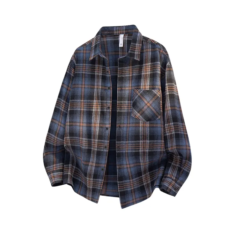Men's Retro Style Color-Block Plaid Shirt, Long-Sleeve Relaxed Fit Casual Button-Down Outerwear for Spring, Checked, Comfy Casual, Baggy