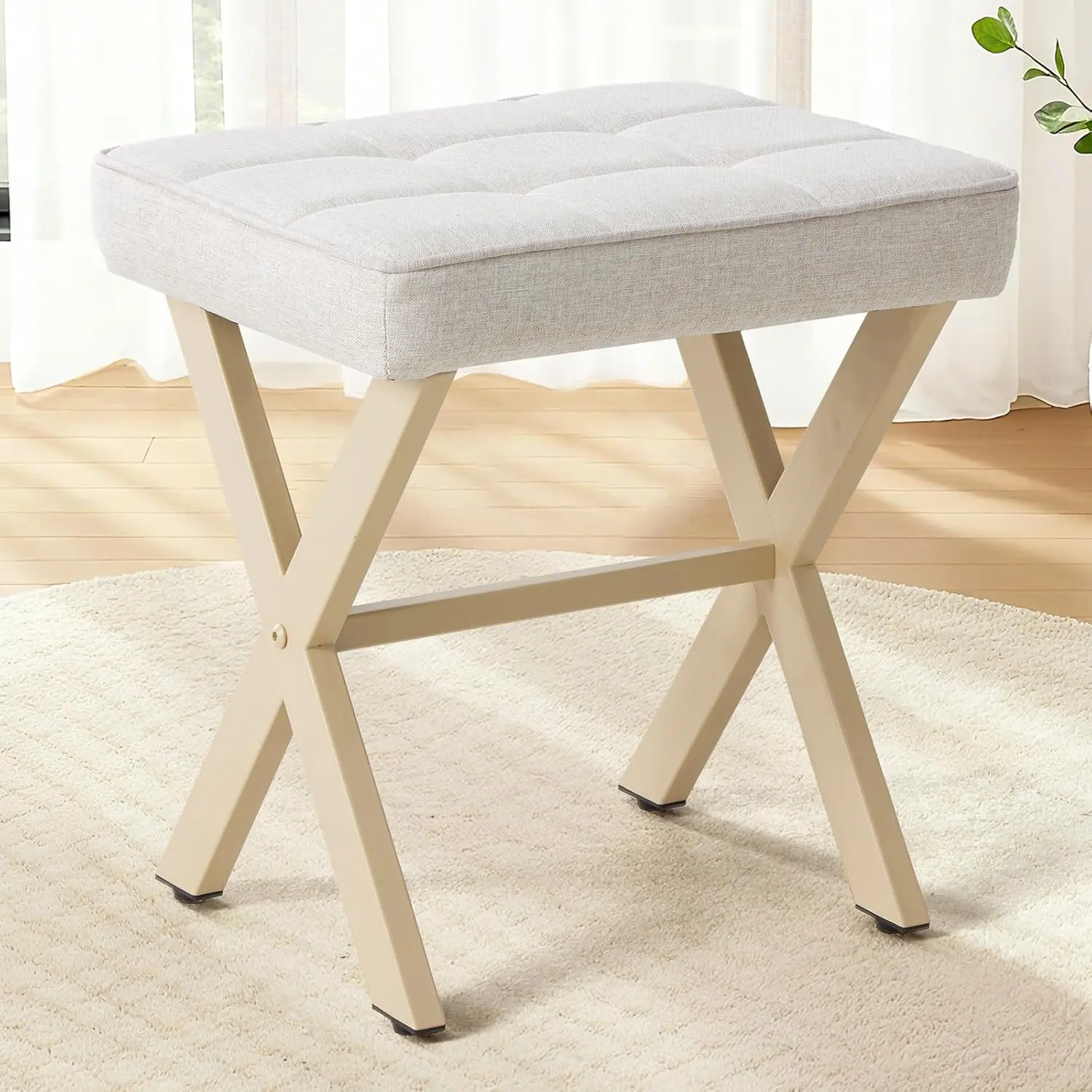 Modern Makeup Vanity Stool with X-Legs & Padded Seat - Square Ottoman Footrest for Bedroom, Bathroom, Dressing Room, Upholstered in Premium Linen Fabric