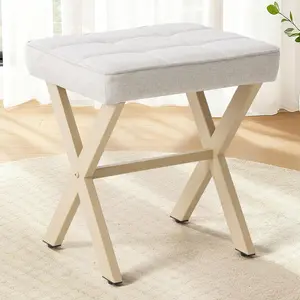 Modern Makeup Vanity Stool with X-Legs & Padded Seat - Square Ottoman Footrest for Bedroom, Bathroom, Dressing Room, Upholstered in Premium Linen Fabric