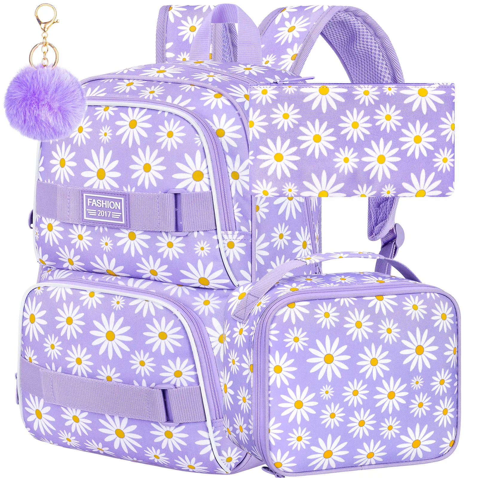3PCS Backpacks for Girls, 17" Laptop School Bookbag Teen College Water Resistant Girl Backpack with Lunch Box Set - Purple