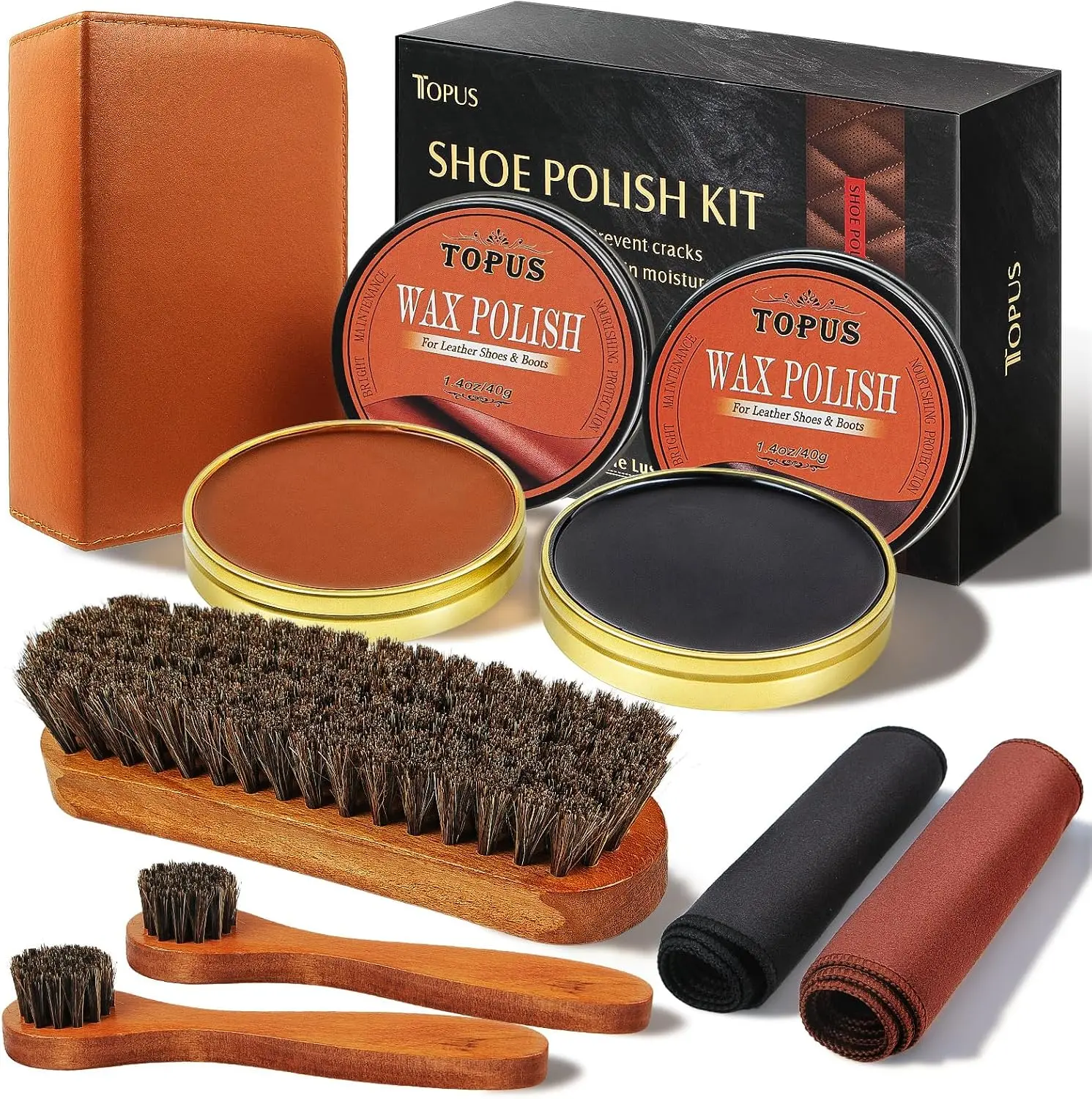 8 Pieces Shoe Polish Kit, Includes 2Pcs 1.4Oz Brown Shoe Wax, 3 Pieces Horsehair Boots Brushes, 2Pcs Shine Cloths