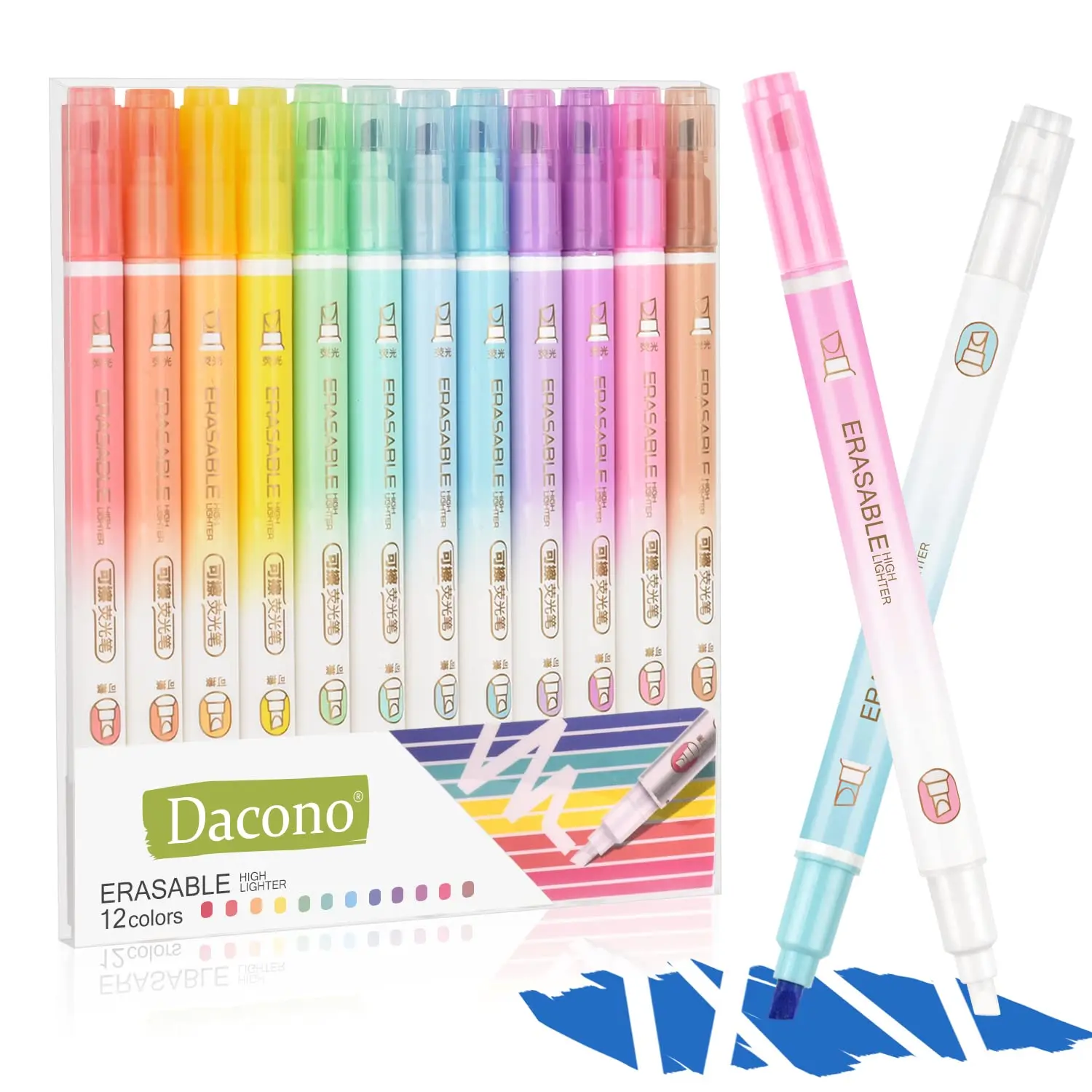 Erasable Highlighter Pens 12 Pack, Chisel Tip No Bleed Double-Ended Marker Set, Smooth Writing Pastel Color Highlighters for Bible Journaling, Study Notes, Planner, School, Office & Stationery Supplies
