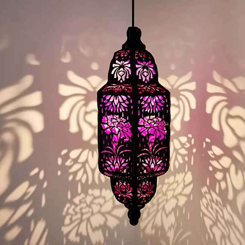 Moroccan-Inspired Solar Lantern: Solar Outdoor Lights Hollow Iron Hexagonal Design - Halloween Decorations Outdoor Hanging Light W/ Carnation, Rose & Daffodil Projections for Landscape