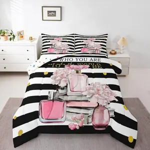 Feelyou Microfiber Blanket Set - Soft Breathable Blanket, Polyester Striped Fabric, Girly Black-White Geometric Duvet Insert with U-Stitching, Travel-Ready, Queen & Multi-Size Options for Bedroom Use