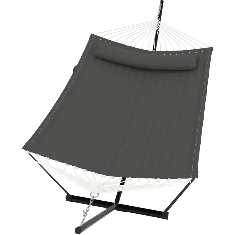 Double Extra-Large Foldable Heavy-Duty Cotton Fabric Hammock for Friends, 3.6m Outdoor Garden Patio Swing Bed with Ergonomic Curved Wooden Spreader Bar, Detachable Pillow, Adjustable Chains, Tool-Free T-Shaped Bracket, Anti-Wrinkle Design, 204 kg Capacity