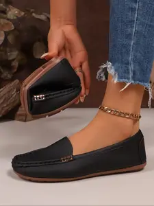Women's Square Toe Loafers Slip-On Ballet Flats, Comfortable PU Leather Work Shoes, Fashion Office Footwear, All Seasons, Rubber