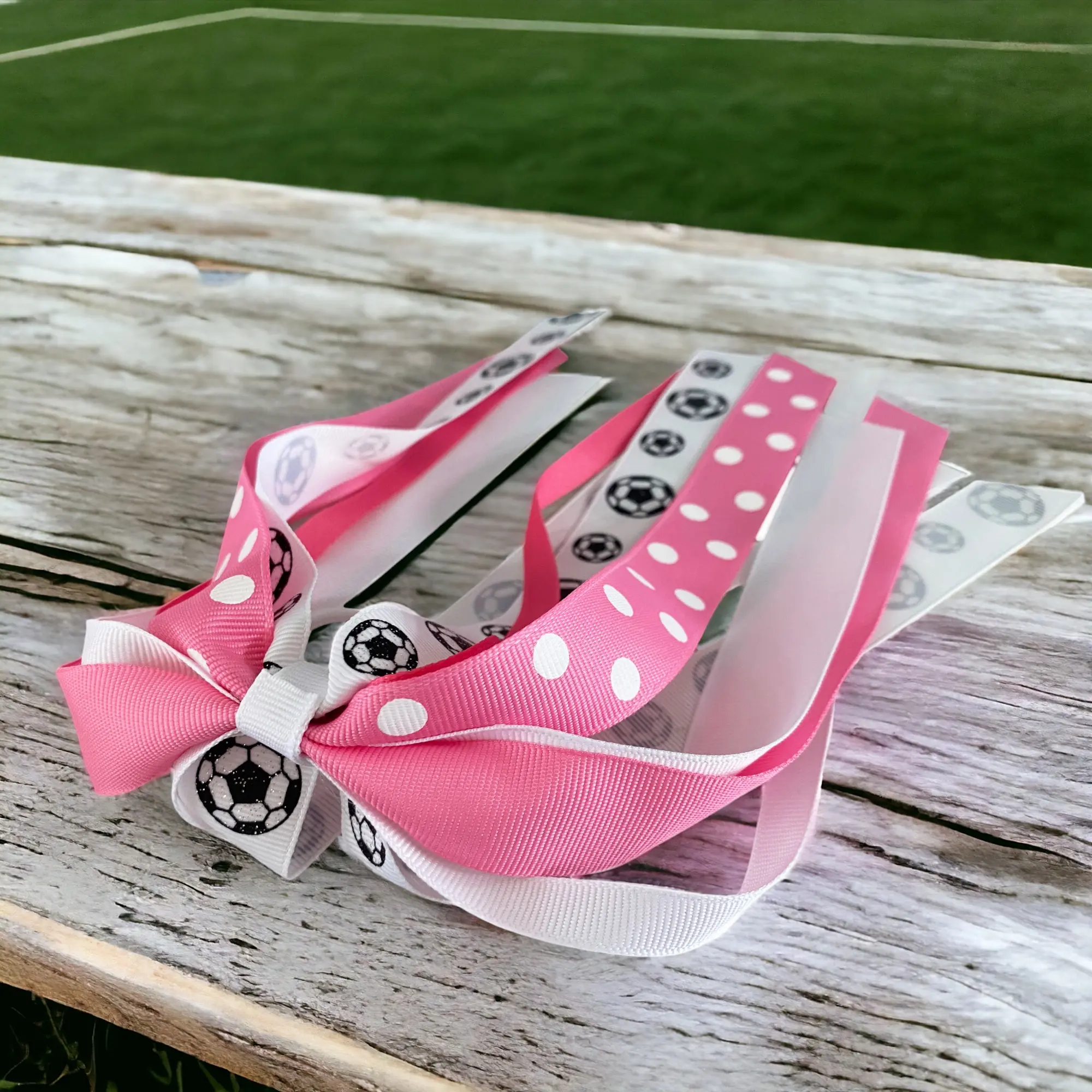 Hot Pink Glitter Soccer Ponytail Holder Hair Bow, Ribbons for Girls Sports Team