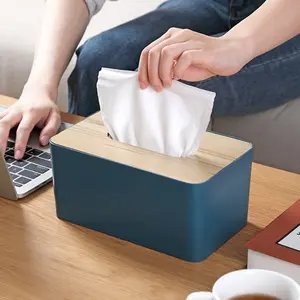 1pc Desktop Tissue Box, Pumping Paper Storage Holder, Plastic Polished Square Tissue Container With Wood Lid, Nordic Style Paper Pumping Case, For Home Living Room Restaurant Coffee Table