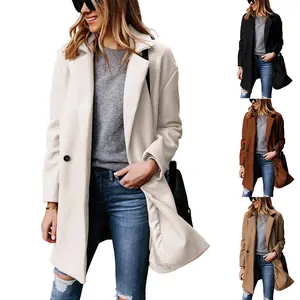 Naeduo Women's Notched Lapel Wool Coat Single Button Pea Coat Wool Blend Jacket Fitted Casual Elegant Streetwear Solid Color Medium Length