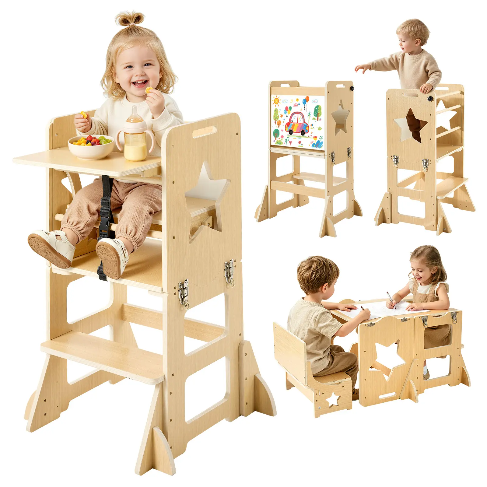 【SummerFinds】VEVOR Sturdy Poplar Plywood 6-in-1 Toddler Tower Furniture Set, Adjustable Kitchen Step Stool with Latch, Montessori Weaning Table-Chair, Blackboard, Feeding Tray, 88 lbs Capacity, for 1-5 Year Kids, Holidays, Kitchen Counter Use, Adjustable