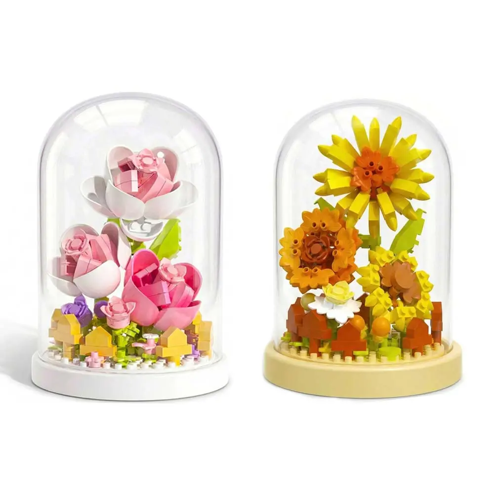 Mini Flower Building Blocks 2 Pack - Micro Artificial Bouquet Building Toys Kit with Display Glass Dome, Sunflower & Tulip Tabletop Desk Ornaments Cute Room Decor Birthday Gifts for Girls Adults