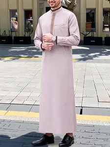 Men's Middle Eastern Traditional Casual Clothing, Light Long Sleeve Stand Collar Embroidered Thobe Robe, Ramadan Eid Festival Wear