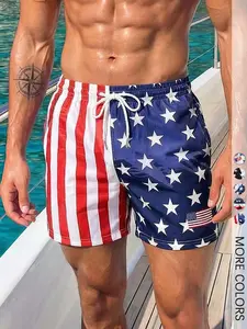4th of July Men's American Flag Print Short Shorts, Drawstring Beach Shorts, Swim Shorts For 4th Of July