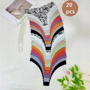 Leopard Print & Solid Color Thongs - 20pcs Comfortable Breathable Thongs for Women - Low-Rise Design, Scalloped Edges, Multi-Color Striped Pattern