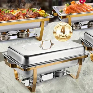 1/2/4 Pack Golden Stainless Steel Chafing Dishes, Catering Chafer Warmer, Hotel Foldable Chafing Dish Buffet Set, Keep Foods Warm And Cold, Easy Cleaning, With Food Tray And Lid, Ideal For Buffet, Banquet, Party, Wedding [only For Cooking]