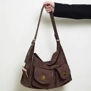 Retro Suede Shoulder Bag Multiple Pockets Wide Shoulder Strap Underarm Bag Metal Lock Closure Handbags Motorcycle Crossbody Bags