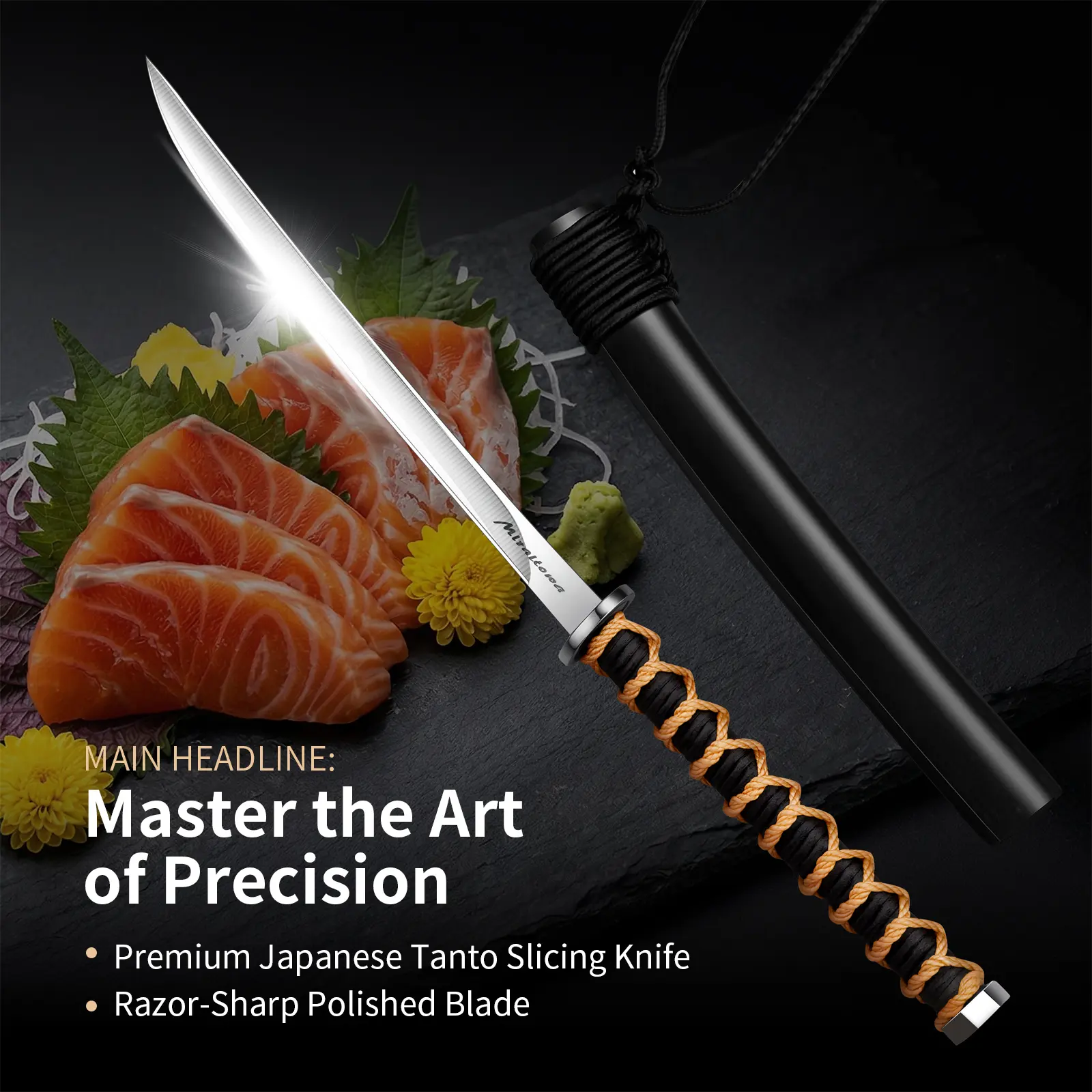 Premium Mini Sashimi Fillet Knife - Stainless Steel Cooking Knife with Black Sheath, Razor-Sharp Fillet Blade for Meat/Fish Prep, Kitchen Cutting Tool