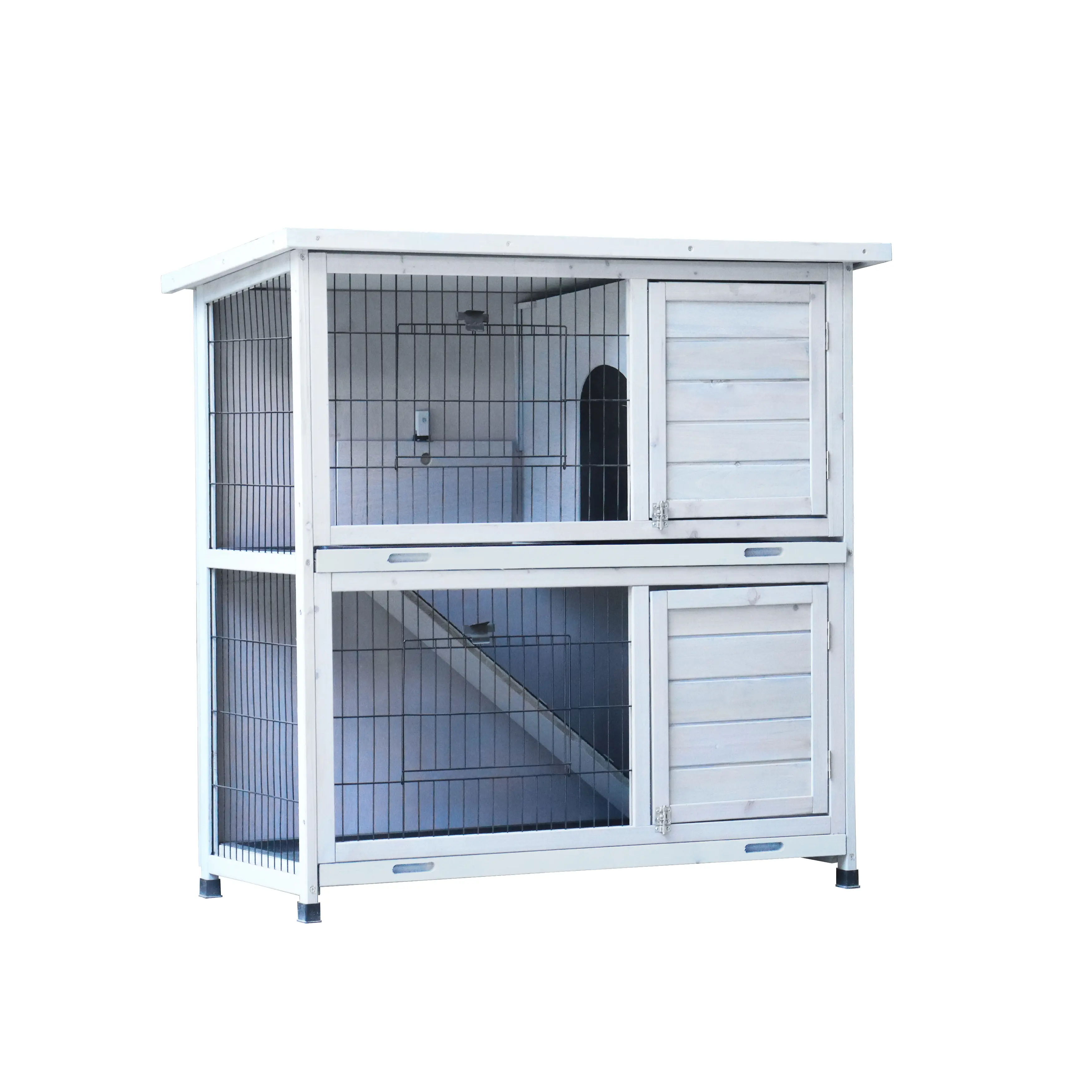 DONEXT 2-Story Predator-Safe Rabbit Hutch-Outdoor Pen, Spacious Natural Fir Wood Habitat with Mesh Fences, 2 Removable No-Leak Plastic Trays for Easy Clean, Non-Slip Ramp, Waterproof Roof (Indoor-Outdoor Use)