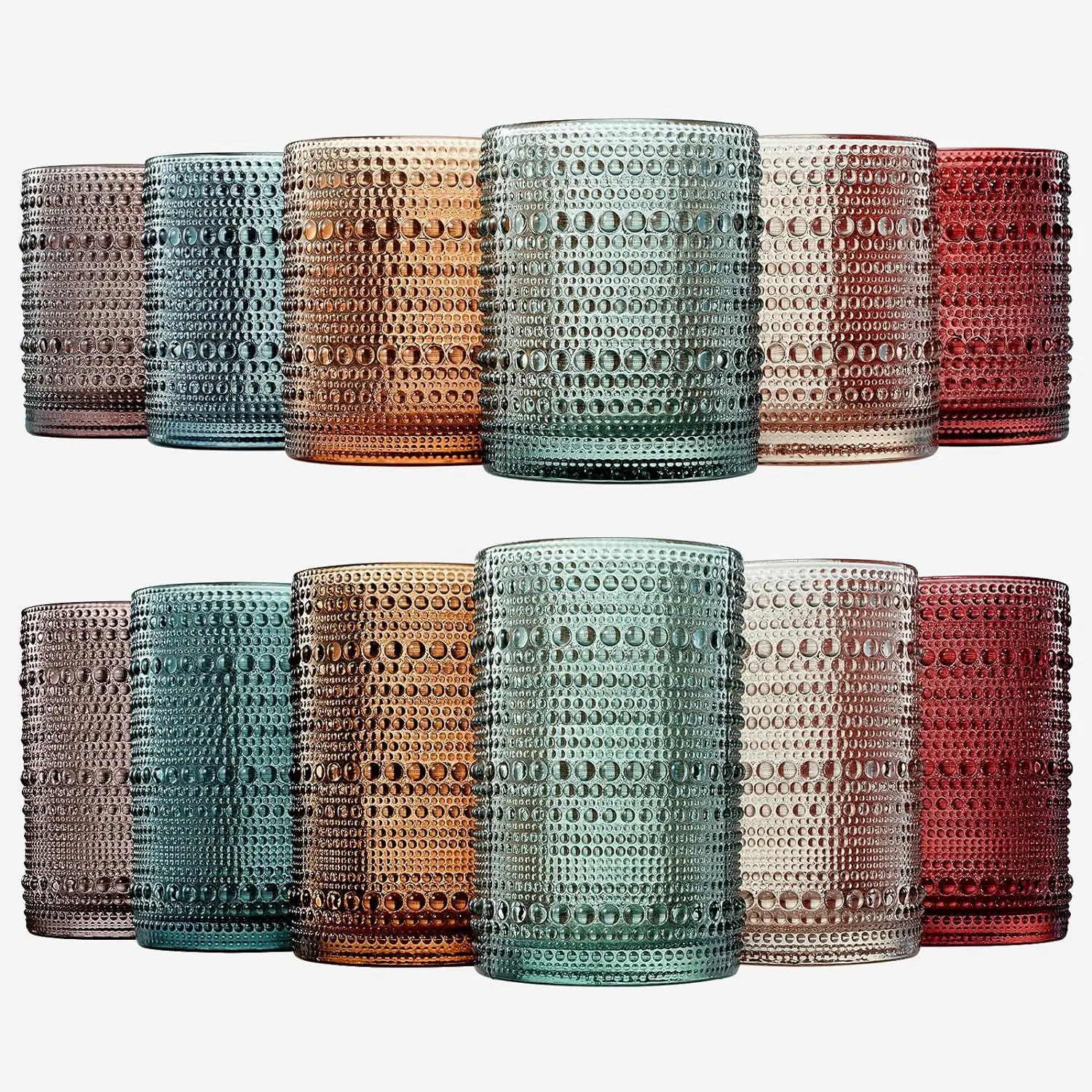 Khen Hobnail Beaded Highball Drinking Tumbler Glasses | Set of 12 | Color, Vintage Bubble Design Whiskey Glassware, Old-Fashioned, Embossed Design for Water, Wine, Cocktail Embossed, Rocks Glass