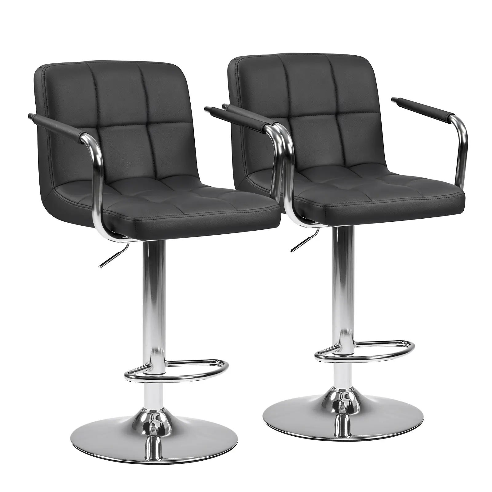 2-Piece Modern Bar Stools Set - Adjustable Height 360-Degree Swivel Chairs with Padded PU Leather Armrests and Double-Needle Backrests for Kitchen Island