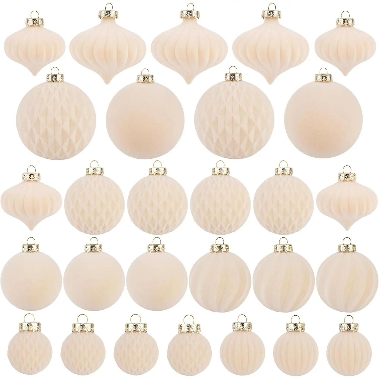 Flocked Ornaments for Christmas Tree Decorations - 28 Count Cream Ball Ornament with Plastic Shatterproof Design for Xmas Holiday Decoration