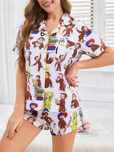 Curious George Cartoon All-Over Print 2-Piece Pajama Set for Women, Cute Monkey Print Lapel Short Sleeve Top with Pocket & Elastic Waist Shorts, Soft Comfortable All-Season Casual Daily Loungewear Sleepwear