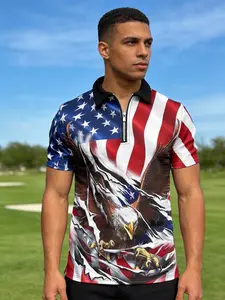Men's Patriotic American Flag Shirt - Breathable Polyester, Zip Detail, Machine Washable - Perfect for Golf & Tennis