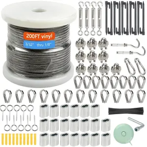 1/8" Wire Rope Kit,Steel Wire ,200FT Turnbuckles for Cables Wire,Vinyl Coated Stainless Steel  Wire for Outdoor,Garden,Kitchen,Craft with Turnbuckle