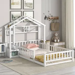 Twin Size House Shape Headboard Floor Bed with Guardrails Slats Support Nightstand White