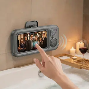 Shower Phone Holder with Wireless Bluetooth Speaker, Waterproof 480 Rotation Viewable Shower Phone Stand Case Mount Speakers for Bathroom Wall Mirro for 4"- 6.8" Cell Phones