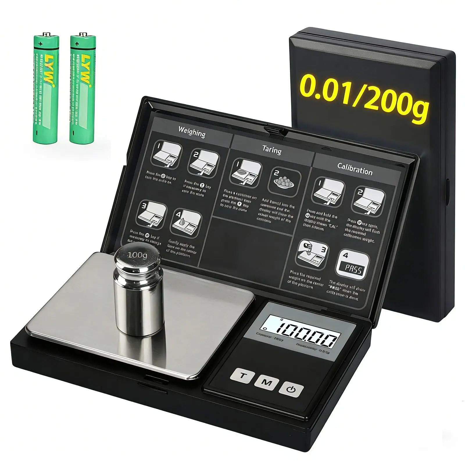 High Precision Digital Pocket Scale, 200g/0.01g Mini Industrial Jewelry Scale with Stainless Steel Platform, LCD Display, Tare Calibration, 100g Weight, 2 AAA Batteries for Coffee, Crafts