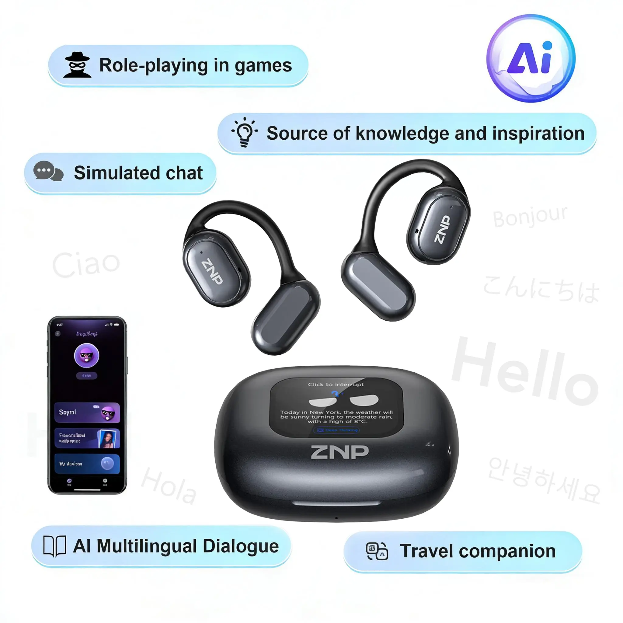 ZNP N01-Smart Dialogue Headphones, Supports conversational interaction, emotional companionship, answering questions, and providing inspiration. Features an open-ear design, Hi-Fi sound quality, and comes with a dedicated app