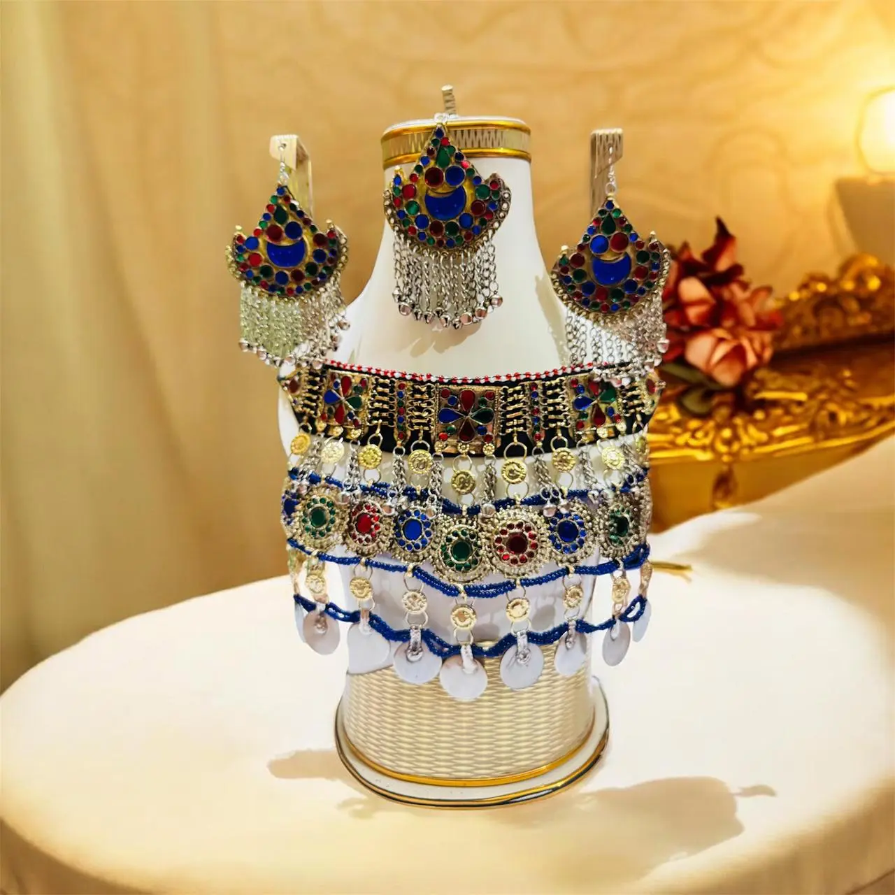 Women's Vintage Afghan Tribal 3-Piece Jewelry Set - Handmade Boho Kuchi Statement Necklace, Belt & Earrings, Colorful, Ethnic-Inspired, Gold-Colored, Indigenous-Inspired Costume Accessory, Colorful Jewelry Sets, Ethnic-Inspired Jewelry Sets