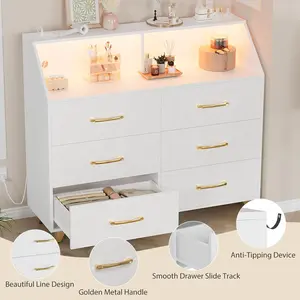 【Christmas Gift】47 Inch Lighted 6 Drawer Dresser With Charging Station Contemporary Geometric Design Gold Handles And Legs Spacious Bedroom Storage Chest Led Accent Usb Ac Power Outlets White