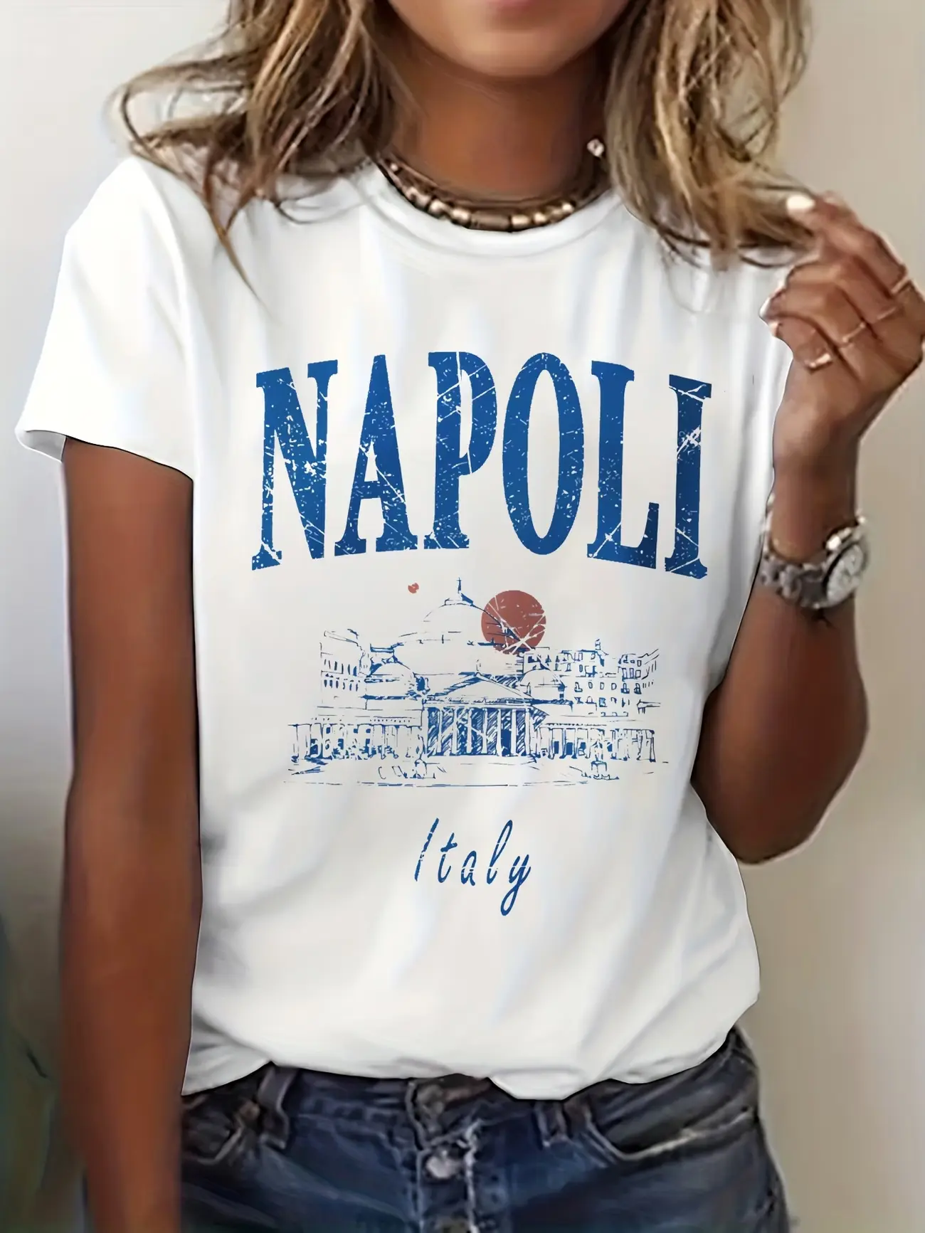 Italy Napoli City Naples Aesthetic Graphic Print T-shirt, Short Sleeve Crew Neck Casual Top for Summer & Spring, Women's Clothing