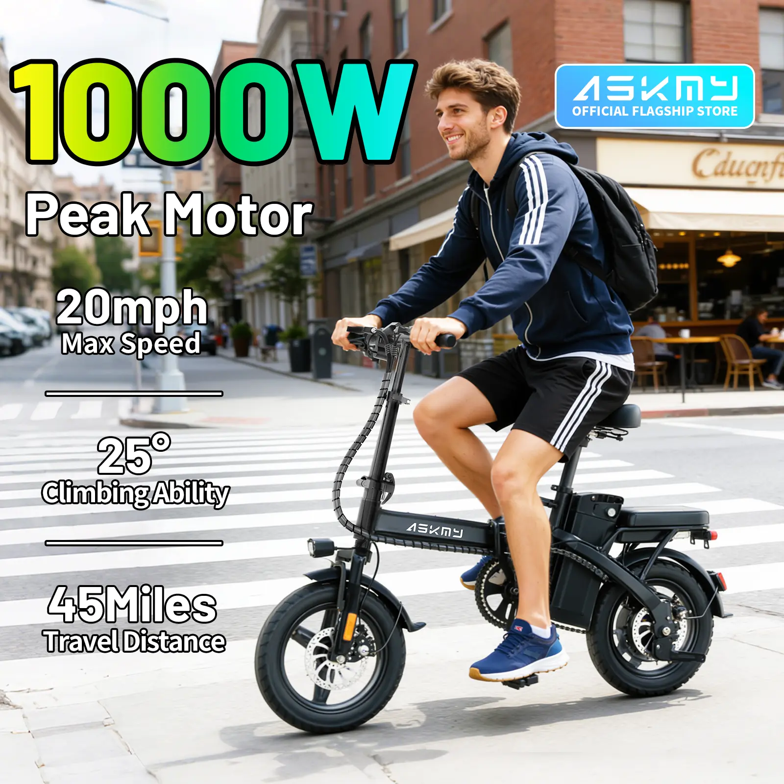 ASKMY E14 Urban Folding Electric Bike Up to 1000W Peak Motor – Up to 45 Miles Long Range | 14" Tubeless Tires, Dual Disc Brakes | UL Certified Battery, Lightweight Portable E-Bike for Adults