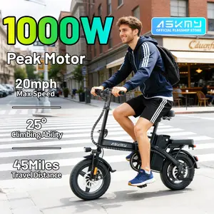 ASKMY E14 Urban Folding Electric Bike Up to 1000W Peak Motor – Up to 45 Miles Long Range | 14" Tubeless Tires, Dual Disc Brakes | UL Certified Battery, Lightweight Portable E-Bike for Adults