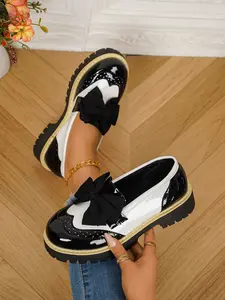 French Color Block Bow Women's Bowknot Design Loafers, Spring Fall New Fashion, Thick Sole Flatform Height Increase Anti-Slip, Casual Versatile Glossy British Small Leather Shoes