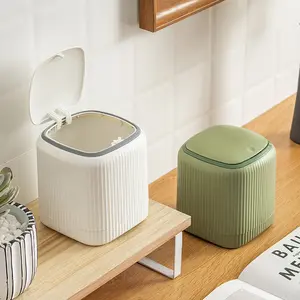 Small desktop trash can with lid - push open oval shaped plastic trash can, suitable for bathroom, kitchen, office, kitchen garbage management | modern trash can | plastic structure, small garbage container
