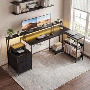 L-Shaped Office Desk with Storage Drawer and Shelf, Reversible L-Shaped Computer Gaming Desk with Power Outlet & LED
