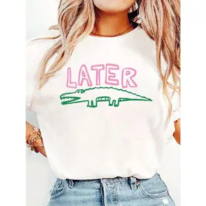 1PcsWomen'S Funny Later Gator T-Shirt - Sarcastic "Later" Crocodile Graphic Tee In White & Pink - Lightweight Everyday Shirt For Women - Machine Washable Casual Top, Allseason Apparel, Playful Graphic Shirt, Comfortable Fit Shirt.
