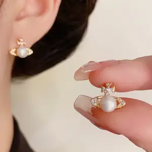 Fashionxu Women's Silver Saturn Eye Pearl Stud Earrings 925 Sterling Silver Cubic Zirconia Unique Saturn Stud Earrings Jewelry Gifts for Women