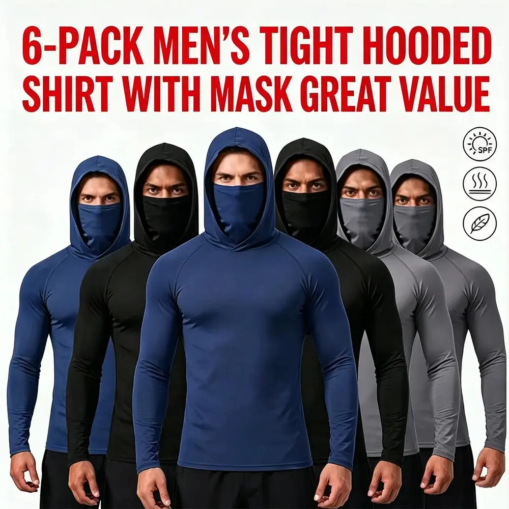6-Pack Men’s Thin Sun Protection Long Sleeve Hooded Sport Shirts with Built-In Face Mask, Lightweight UV-Blocking Cooling Tops for Fishing, Construction, Outdoor Yard Work, Hiking, Running, Back-to-School & Back-to-School Shopping