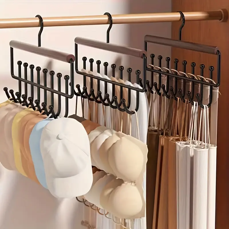 2/4/6Pcs Multi-Functional Wooden Hanger with 8 Hooks Wall Mount Metal Storage Organizer Hat Holder for Belts Hats Scarves Ties Closet Wardrobe Bathroom Bedroom