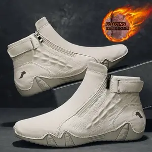 Men's Boots Large Size Fashion Zippered Slip-on Shoes Upper 38-48 Octopus Mid-top Rubber Sole Handmade Outdoor Boot Casual Walking Shoes with Fleece Intensification