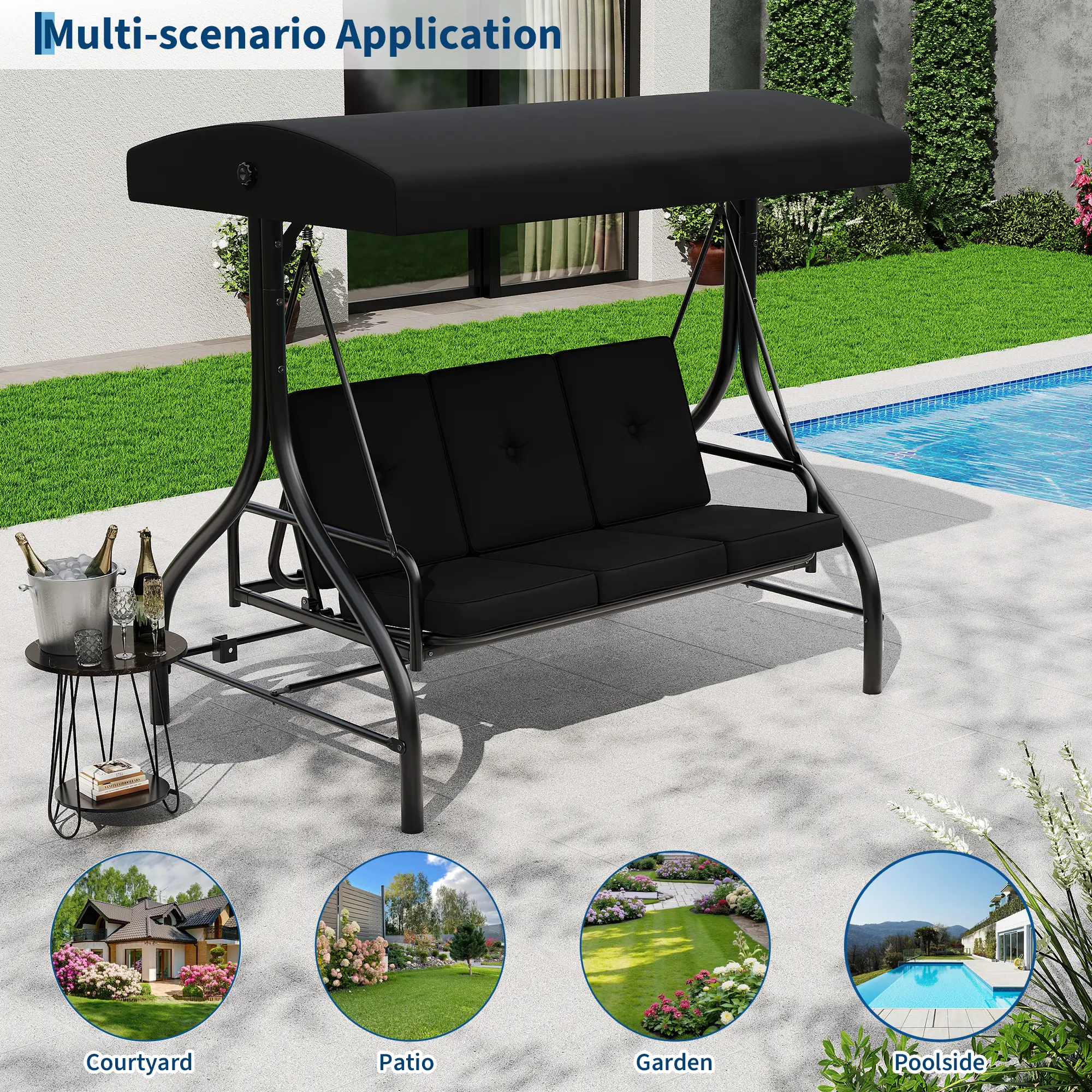Porch Swing with Stand, 3 Seat Outdoor Patio Swing, 2-in-1 Convertible Swing Bed, Thick Soft Cushion & Adjustable Removable Canopy, for Backyard Garden Patio Poolside